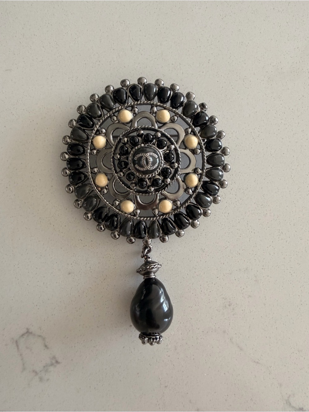 Authentic Vintage Chanel Medallion Brooch – Black Gripoix & Pearl Drop